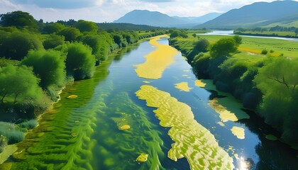 Wall Mural - Stunning Aerial View of Blooming Algae on Vibrant Green River