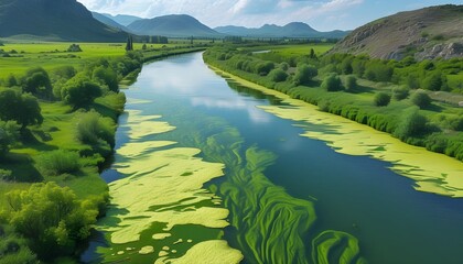 Wall Mural - Stunning Aerial View of Blooming Algae on Vibrant Green River