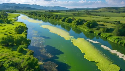 Wall Mural - Stunning Aerial View of Blooming Algae on Vibrant Green River