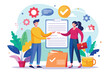 © Ifti Digital - Two people engage in a discussion about a cooperation contract, surrounded by colorful illustrations, Contract for business cooperation, with flat illustrations.