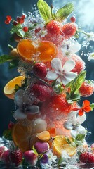 Wall Mural - Water Splashing on Fruit and Flowers - Still Life Photography