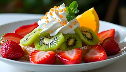 Wall Mural - Vibrant fruit medley of fresh strawberries, kiwi, whipped cream, and sliced oranges arranged beautifully