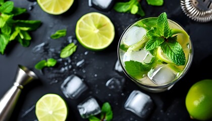 Wall Mural - Chilled mojito cocktail featuring vibrant lime, fresh mint leaves, and ice, surrounded by stylish cocktail tools against a dark backdrop