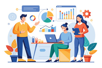 Poster - three coworkers engage in a discussion about data analysis while reviewing graphs and charts at work