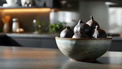 Elegant display of black garlic bulbs in a ceramic bowl on a sleek modern kitchen countertop