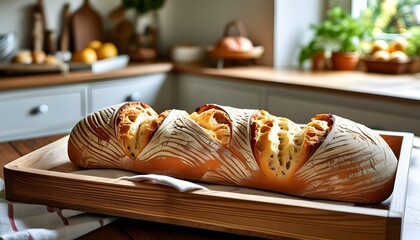 Cozy kitchen filled with freshly baked artisan baguettes on rustic wooden trays