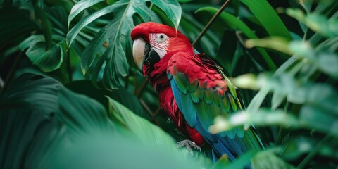 Colorful red and green parrot showcasing its distinctive hues and designs amid abundant greenery.