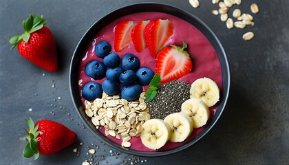 Wall Mural - Vibrant smoothie bowl adorned with strawberries, blueberries, banana slices, crunchy granola, and nutritious chia seeds