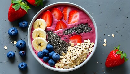 Wall Mural - Vibrant smoothie bowl adorned with strawberries, blueberries, banana slices, crunchy granola, and nutritious chia seeds