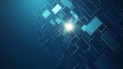 Abstract blue background with glowing light and overlapping squares, creating a modern and technological feel.