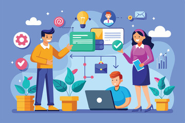Poster - A team collaborates in a vibrant office setting, generating new ideas and leads using digital tools, Create new leads with customizable flat illustrations.