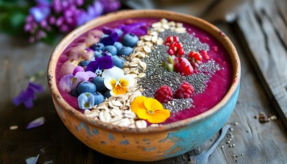 Wall Mural - Vibrant smoothie bowl adorned with fresh fruits, oats, chia seeds, and delicate edible flowers in a rustic ceramic vessel