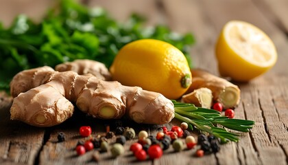 Wall Mural - Vibrant display of fresh ginger and lemongrass with an array of spices on a rustic wooden table