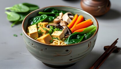 Wall Mural - Colorful vegan ramen bowl featuring tofu, mushrooms, carrots, green onions, and spinach served in a ceramic dish with chopsticks