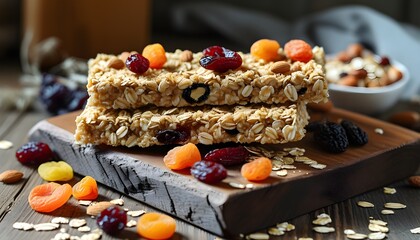 Wall Mural - Nutritious homemade oat and nut granola bars with dried fruits arranged beautifully on a rustic wooden board