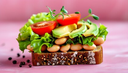 Wall Mural - Vibrant close-up of a delicious vegan sandwich featuring tempeh, avocado, tomato, and lettuce on whole grain bread against a pink backdrop