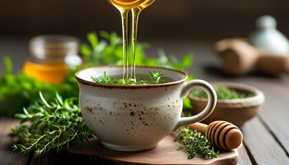 Wall Mural - Herbal Tea Pouring into Ceramic Mug Surrounded by Fresh Herbs and Honey