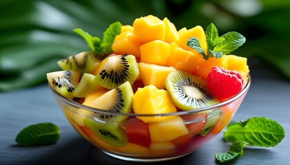 Vibrant tropical fruit salad featuring mango, kiwi, and pineapple, elegantly presented in a glass bowl with a refreshing touch of mint leaves