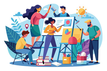 Poster - A group of people actively brainstorming and creating personalized projects in a colorful workspace, Curious individuals can create personalized and exaggerated drawings.
