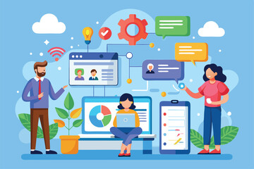 Poster - a vibrant illustration showcasing customizable crm tools with users interacting across devices and p