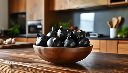 Wall Mural - Elegant Bowl of Black Garlic on Contemporary Wooden Kitchen Counter