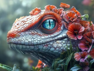 Wall Mural - Close-Up of a Lizard with Flowers on its Head