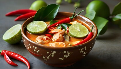 Wall Mural - Vibrant Thai Tom Yum Soup in Brown Ceramic Bowl Garnished with Lime and Red Chilli