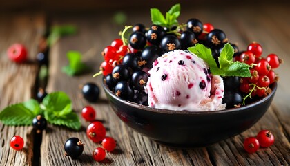 Delicious blackcurrant ice cream adorned with fresh berries and mint leaves on a charming rustic wooden table