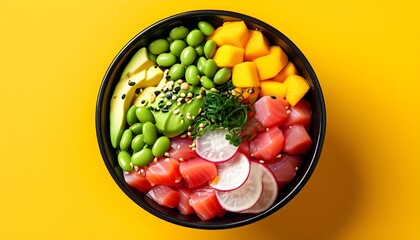 Wall Mural - Colorful poke bowl featuring tuna, avocado, edamame, radish, mango, and carrots against a bright yellow backdrop