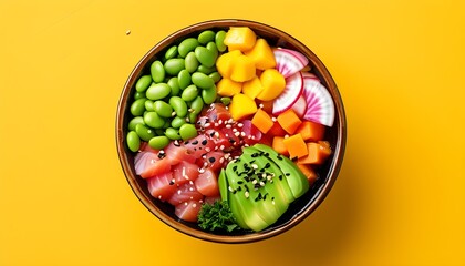 Wall Mural - Colorful poke bowl featuring tuna, avocado, edamame, radish, mango, and carrots against a bright yellow backdrop