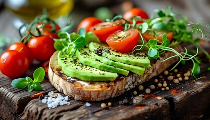 Wall Mural - Delicious avocado toast adorned with cherry tomatoes, microgreens, seeds, and spices on a rustic wooden board