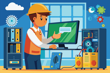 Poster - A technician is fixing a computer in a well-lit workspace, assisting a customer with their device problems, Customer gets computer fixed by technician.