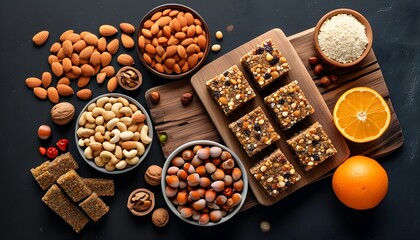 Wall Mural - Nut and Fruit Energy Bars Displayed on Wooden Board Surrounded by Fresh Ingredients Against Dark Background