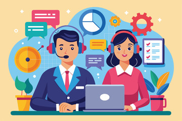 Poster - A customer service team is actively providing support through calls while managing inquiries and solutions, Customer service and support concept with a call center and personal assistant.