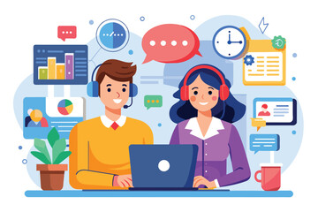 Poster - Two customer service agents work diligently at their desks, engaged in assisting clients with inquiries, Customer service and support concept with a call center and personal assistant.