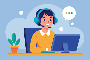 Poster - Customer service hotline operator assisting clients from a comfortable office space, 24/7 global customer service hotline operator consults with customers using laptop and headset.