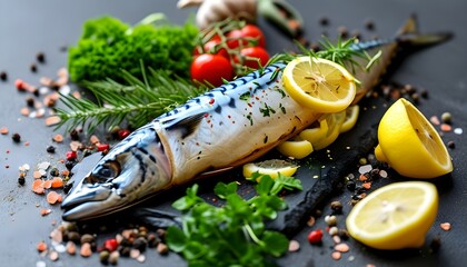 Wall Mural - Herb and spice marinated mackerel with lemon slices ready for grilling