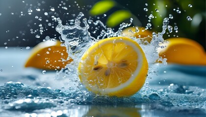 Wall Mural - Refreshing effervescent tablets dissolving in sparkling water with vibrant lemon slices and dynamic splashes