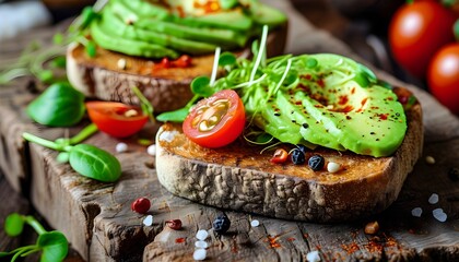 Poster - Delicious avocado toast adorned with cherry tomatoes, microgreens, seeds, and spices on a rustic wooden board