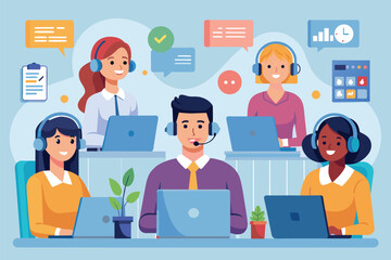 Poster - Five customer service operators efficiently help clients while using headsets and laptops in a bright office, Customer service hotline operators use headsets and computers to consult customers.
