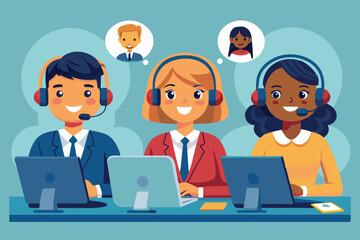 Poster - Operators engaged in providing assistance to clients over headsets in a modern office environment, Customer service hotline operators use headsets and computers to consult customers.