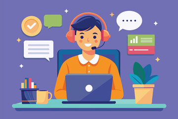 Poster - A customer service representative operates a laptop while assisting clients in a call center, Customer service worker using laptop in call center, flat illustration.