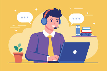 Poster - A customer support man engages with clients while working at a desk with a laptop and decor, Customer support man working in call center, simple illustration