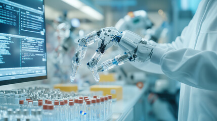 Poster - innovative robotic hand interacting with laboratory samples and technology