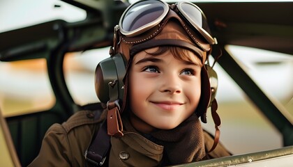 Wall Mural - Smiling Young Aviator in Vintage Pilot Gear Inside Aircraft Cockpit, Capturing Childhood Dreams and Adventures in Nostalgic Aviation Portrait