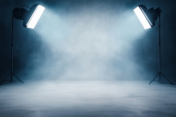 Two bright studio lights illuminate a foggy space for creative photography sessions at night