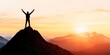 © Aleksandra - A silhouette of a person standing on a mountain peak with arms raised in victory backlit by a golden sunset The image conveys success achievement and triumph over challenges The background is expansiv
