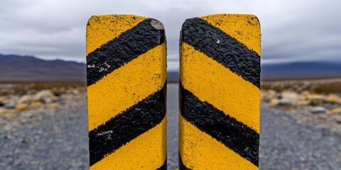 A road with a large barrier in the middle preventing further progress The background shows a vast landscape symbolizing blocked opportunities obstacles in life or business and challenges that must be