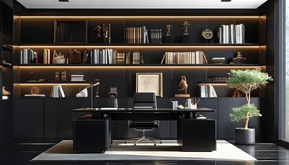 Wall Mural - Chic Black Office Interior Showcasing Modern Furniture and Elegant Lighting in a Bright Daytime Environment