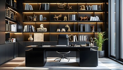 Wall Mural - Chic Black Office Interior Showcasing Modern Furniture and Elegant Lighting in a Bright Daytime Environment